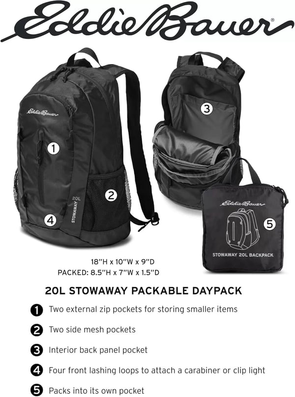 imageEddie Bauer Stowaway Packable BackpackMade from Ripstop Polyester Onyx 30LSprig