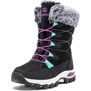 imageHOBIBEAR Kids Winter Snow Boots Waterproof Outdoor Warm Faux Fur Lined ShoesBlackPurple