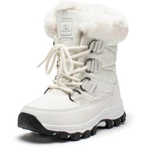 imageHOBIBEAR Womens Snow Boots Winter Outdoor Faux Fur Lined Warm Water Resistant MidCalf BootiesBeigeWhite