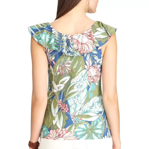 Chaps Women's Petite Tropical Printed Ruffled Blouse Top, Multi