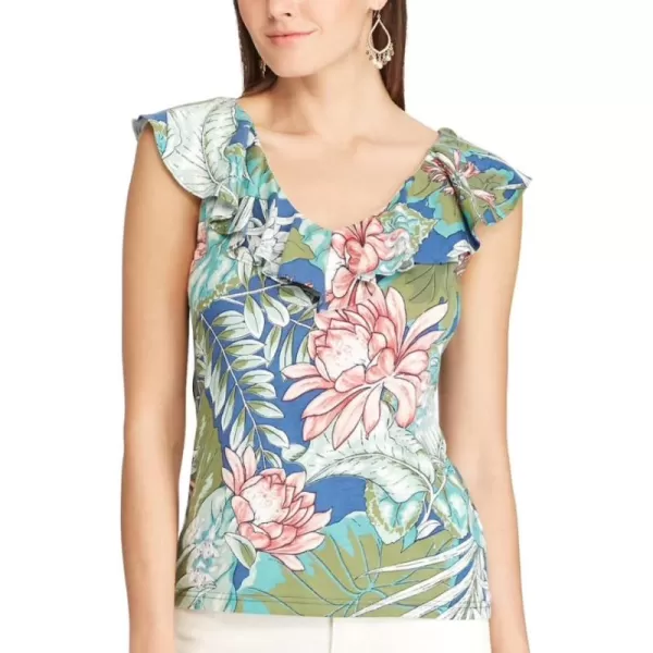 Chaps Women's Petite Tropical Printed Ruffled Blouse Top, Multi