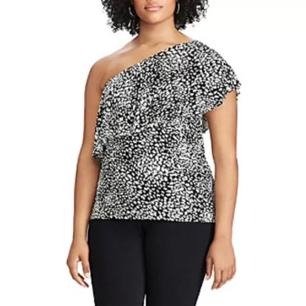 Chaps Women's Plus Size Ruffled One-Shoulder Top, Black/Natural 