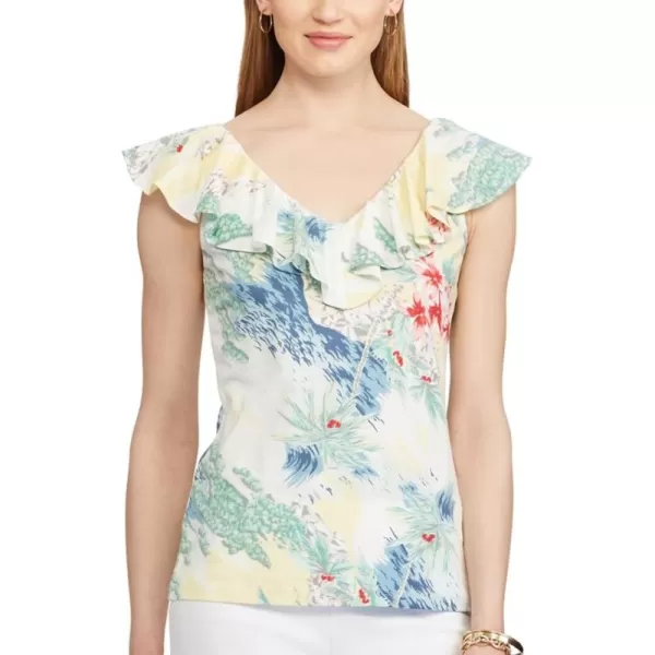 Chaps Women's Tropical Printed Ruffled Blouse Top, Multi 