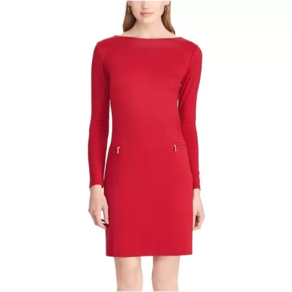 Chaps Long Sleeve with Faux Leather Patch Sheath Dress  Red