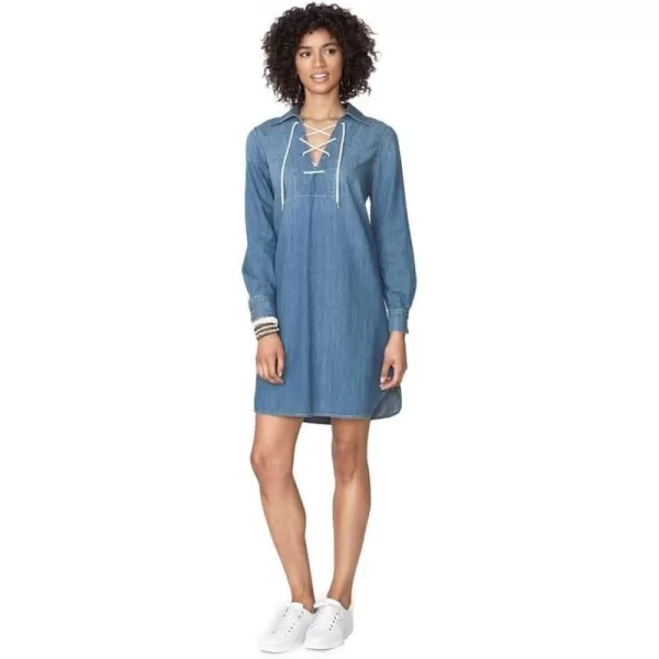 Chaps Women's Lace-Up Long Sleeve Denim Shirtdress in Medium Blue 