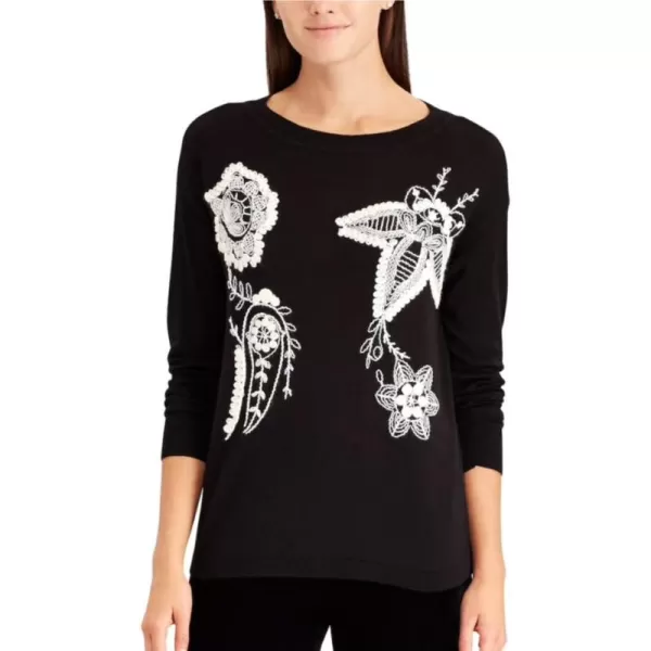 Chaps Petite Womens Floral Embroidered Crewneck Sweater, Black Mu 