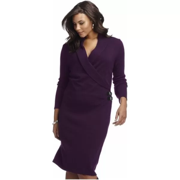 Chaps Women's Faux Wrap Surplice Neckline Sweater Dress, Eggplant 