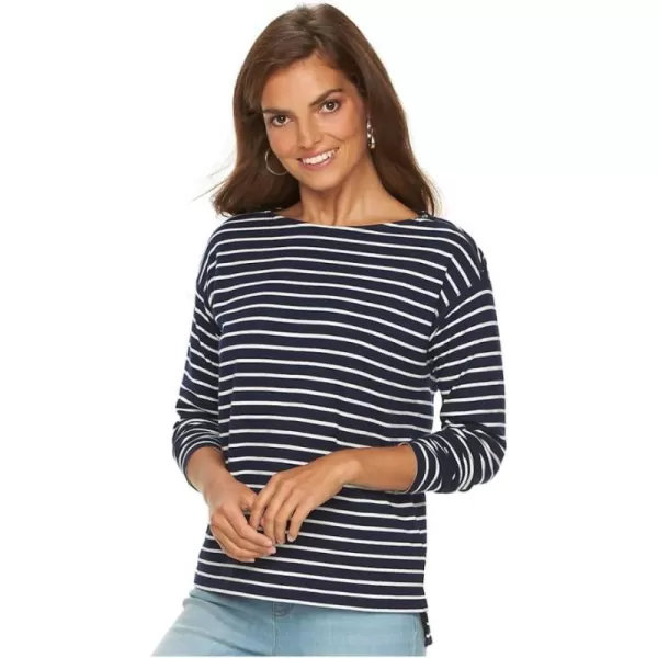 Chaps Women's Petite Striped Zipper Shoulder Tee, Navy/Cream 