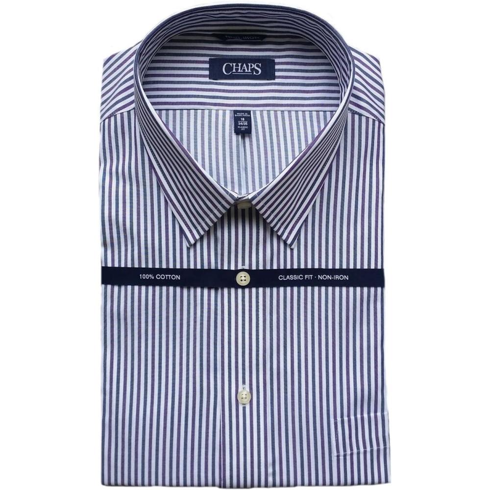 imageChaps Mens Classic Fit Stripe Dress Shirt Purple 165 3435