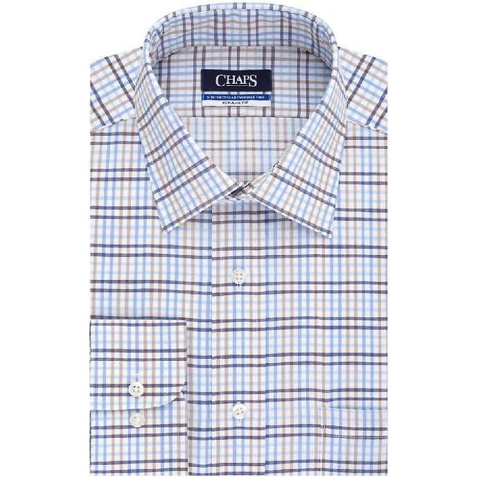 imageChaps Mens RegularFit Elite Performance Stretch Collar Plaid Dress Shirt Cornflower Blue Neck 15 Sleeve 3233