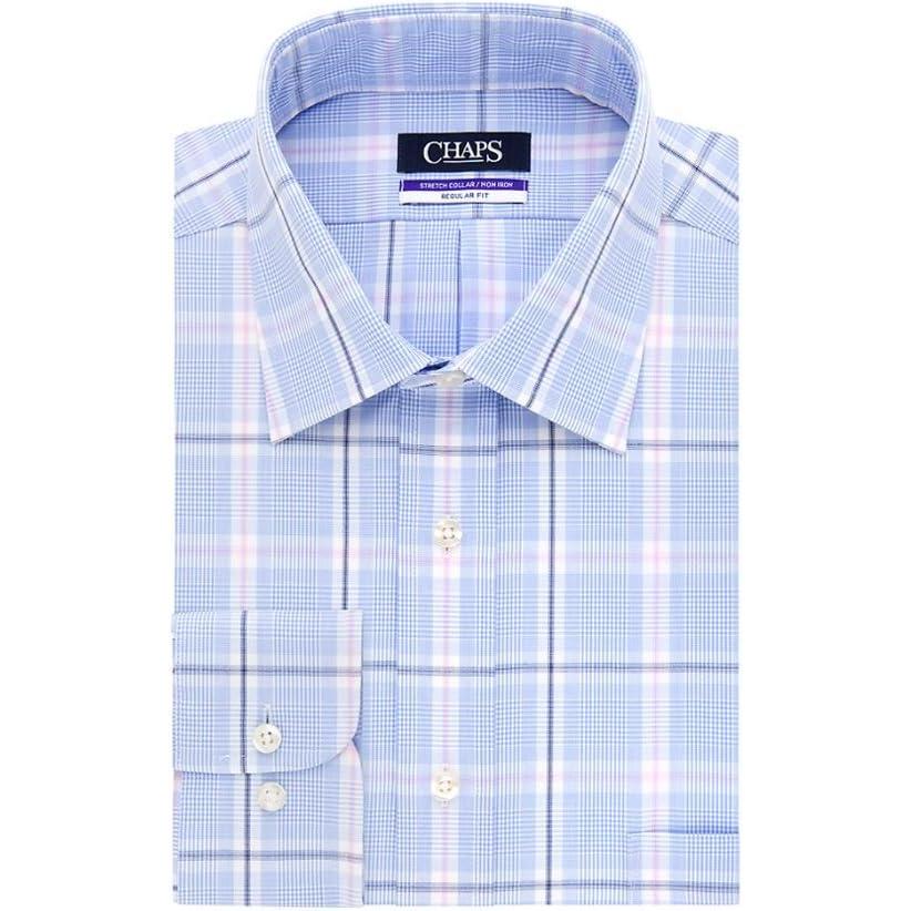 imageChaps Mens RegularFit Plaid NoIron Stretch Collar Dress Shirt Water Mill Neck 155 Sleeve 3435