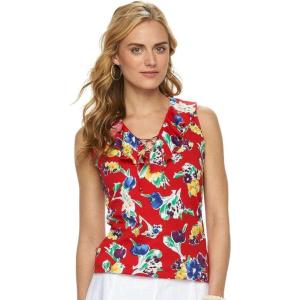 imageChaps Womens Printed Ruffle LaceUp Sleeveless Blouse Medium Red Floral