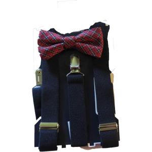 imageChaps Boys Red Navy Plaid Bow Tie and Black Suspender
