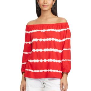 imageChaps Womens Petite TieDyed OffThe Shoulder Top Yacht RedWhite Petite Medium