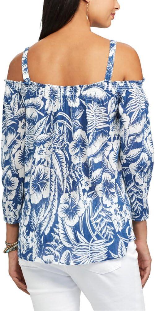 imageChaps Womens Tropical OffThe Shoulder Top Small Blue White Tropical