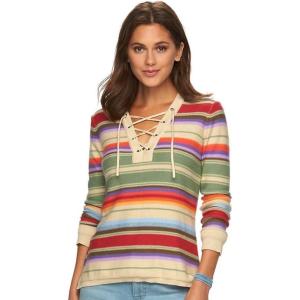 imageChaps Womens Petite Striped Lace Up Textured Sweater Multi Petite XLarge