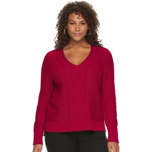 image:imageChaps Womens CableKnit Vneck Long Sleeve Sweater Large Rich Red