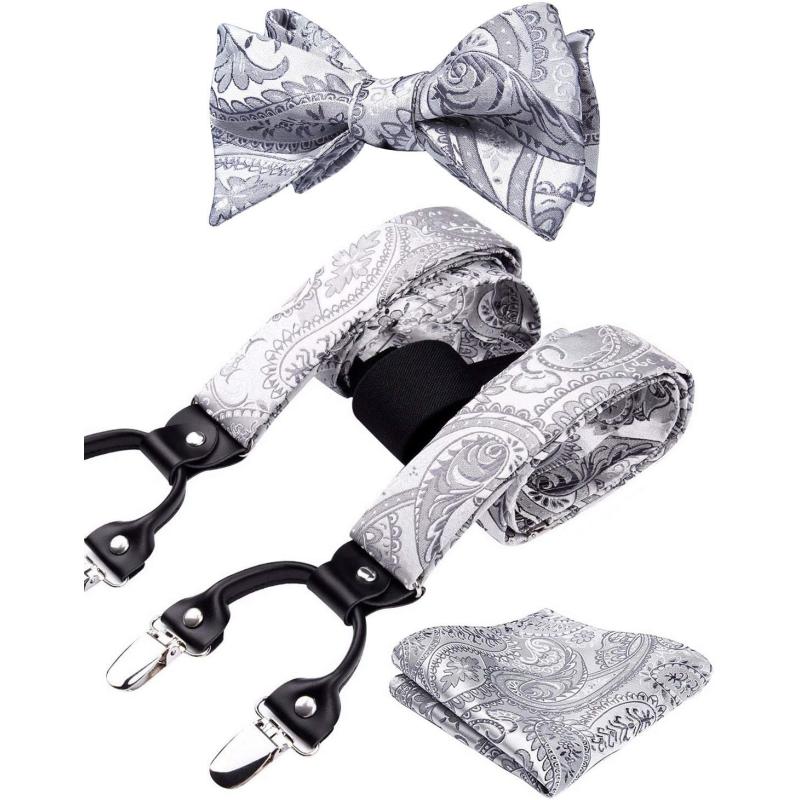 Paisley Floral Bow Tie Suspender Set Men Y-Shape 6 Clips Pocket Square Wedding