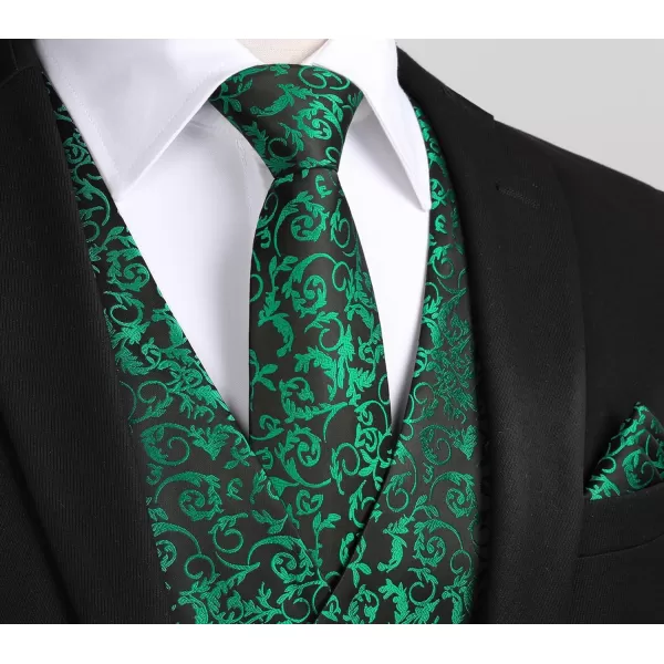 HISDERN 3PC Men's Paisley Floral Jacquard Suit Vest &amp; Necktie and Pocket Square Formal Waistcoat for Tuxedo Wedding Party
