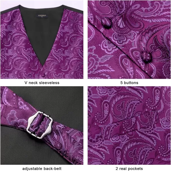 HISDERN 3PC Men's Paisley Floral Jacquard Suit Vest &amp; Necktie and Pocket Square Formal Waistcoat for Tuxedo Wedding Party