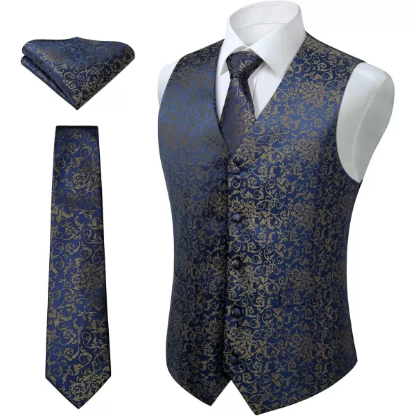 HISDERN 3PC Men's Paisley Floral Jacquard Suit Vest &amp; Necktie and Pocket Square Formal Waistcoat for Tuxedo Wedding Party