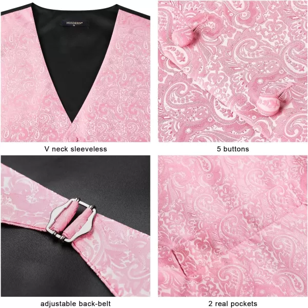 HISDERN 3PC Men's Paisley Floral Jacquard Suit Vest &amp; Necktie and Pocket Square Formal Waistcoat for Tuxedo Wedding Party