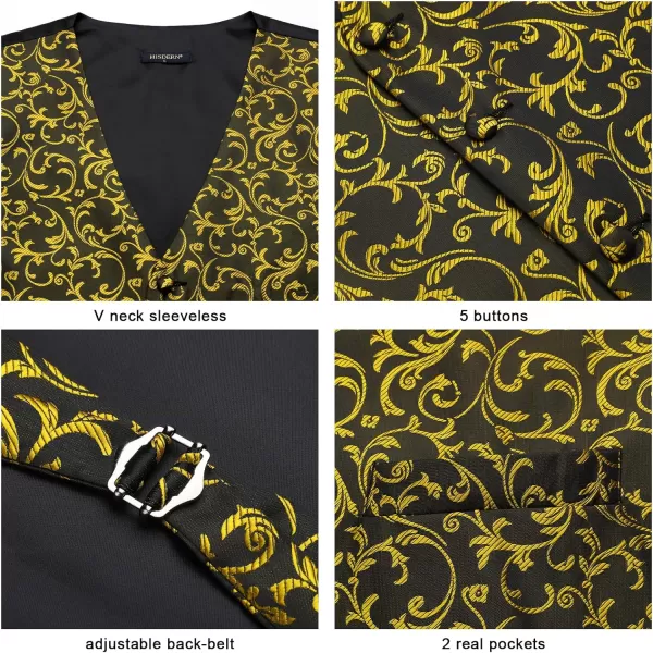 HISDERN 3PC Men's Paisley Floral Jacquard Suit Vest &amp; Necktie and Pocket Square Formal Waistcoat for Tuxedo Wedding Party