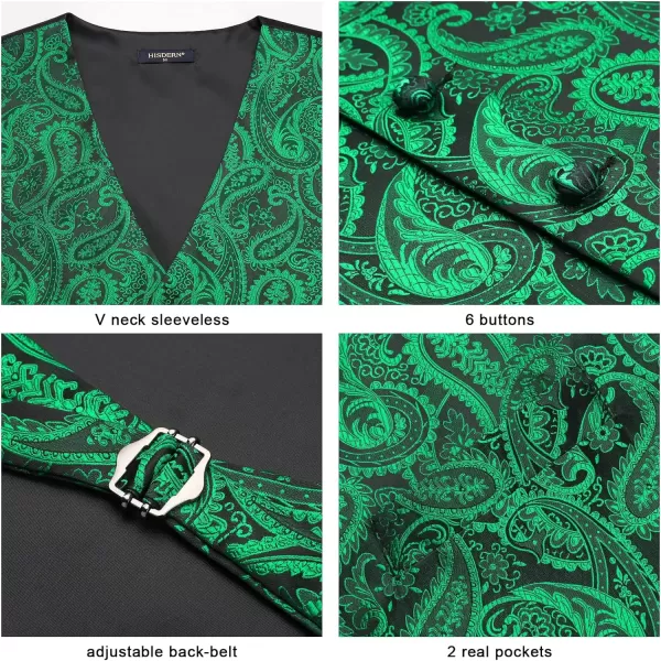 HISDERN 3PC Men's Paisley Floral Jacquard Suit Vest &amp; Necktie and Pocket Square Formal Waistcoat for Tuxedo Wedding Party