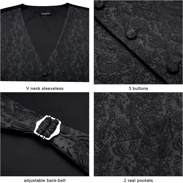 HISDERN 3PC Men's Paisley Floral Jacquard Suit Vest &amp; Necktie and Pocket Square Formal Waistcoat for Tuxedo Wedding Party