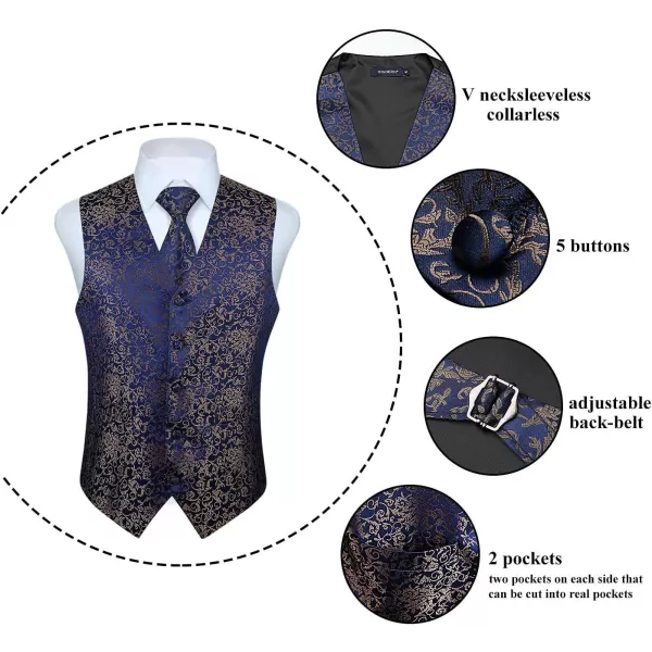 HISDERN 3PC Men's Paisley Floral Jacquard Suit Vest &amp; Necktie and Pocket Square Formal Waistcoat for Tuxedo Wedding Party