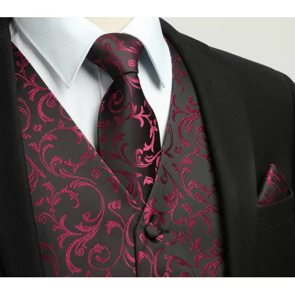 HISDERN 3PC Men's Paisley Floral Jacquard Suit Vest &amp; Necktie and Pocket Square Formal Waistcoat for Tuxedo Wedding Party