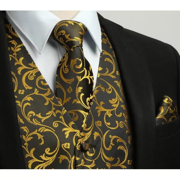 HISDERN 3PC Men's Paisley Floral Jacquard Suit Vest &amp; Necktie and Pocket Square Formal Waistcoat for Tuxedo Wedding Party