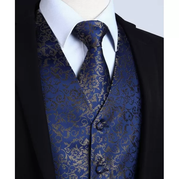 HISDERN 3PC Men's Paisley Floral Jacquard Suit Vest &amp; Necktie and Pocket Square Formal Waistcoat for Tuxedo Wedding Party