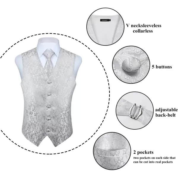 HISDERN 3PC Men's Paisley Floral Jacquard Suit Vest &amp; Necktie and Pocket Square Formal Waistcoat for Tuxedo Wedding Party