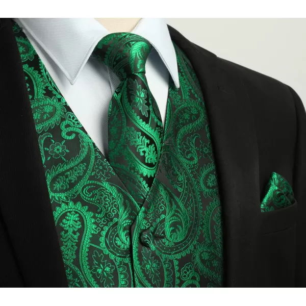 HISDERN 3PC Men's Paisley Floral Jacquard Suit Vest &amp; Necktie and Pocket Square Formal Waistcoat for Tuxedo Wedding Party