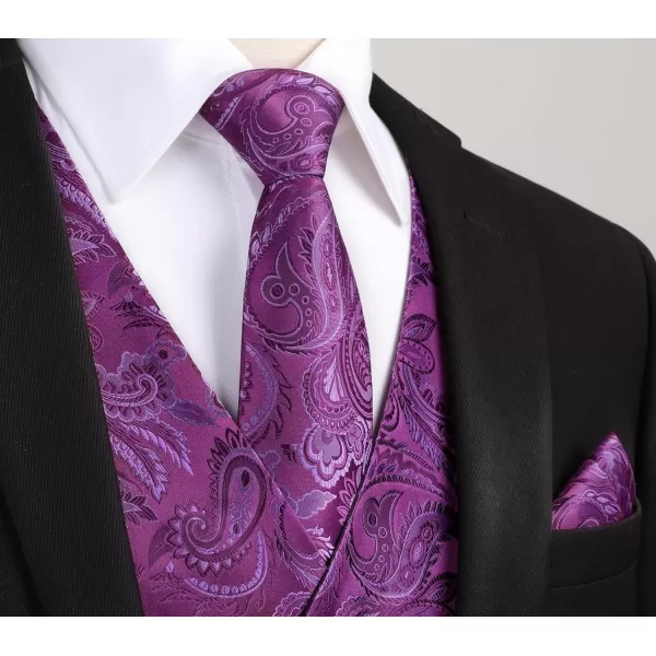 HISDERN 3PC Men's Paisley Floral Jacquard Suit Vest &amp; Necktie and Pocket Square Formal Waistcoat for Tuxedo Wedding Party