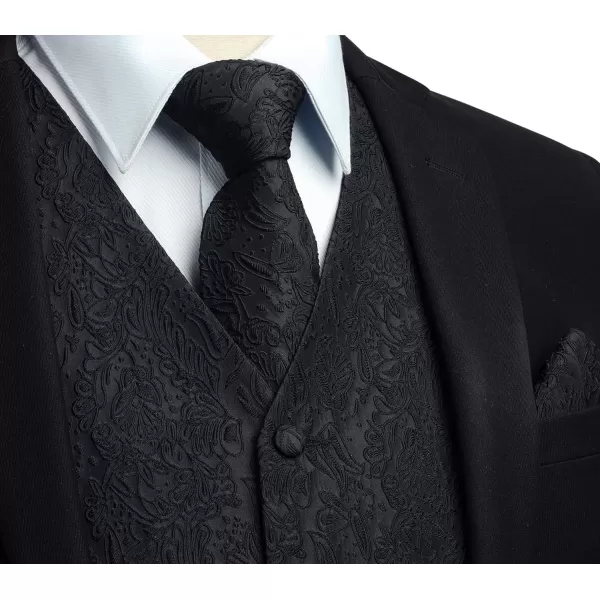 HISDERN 3PC Men's Paisley Floral Jacquard Suit Vest &amp; Necktie and Pocket Square Formal Waistcoat for Tuxedo Wedding Party