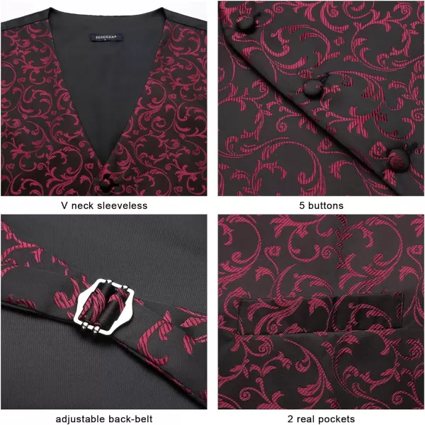 HISDERN 3PC Men's Paisley Floral Jacquard Suit Vest &amp; Necktie and Pocket Square Formal Waistcoat for Tuxedo Wedding Party