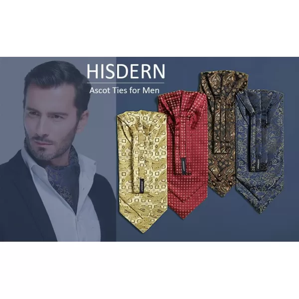 HISDERN Ascot Ties for Men Paisley Cravat Tie and Pocket Square Set Floral Mens Ascot Scarf Handkerchief Wedding Party