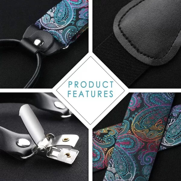 HISDERN Bow Tie and Suspenders for Men Floral Paisley Suspender Bowtie Set Adjustable Strong 6 Clips for Wedding Party