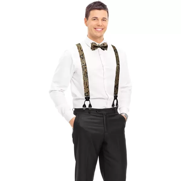 HISDERN Bow Tie and Suspenders for Men Floral Paisley Suspender Bowtie Set Adjustable Strong 6 Clips for Wedding Party
