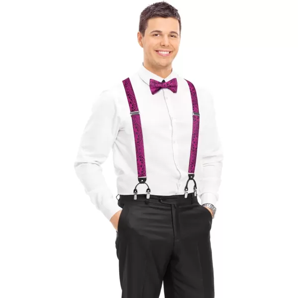 HISDERN Bow Tie and Suspenders for Men Floral Paisley Suspender Bowtie Set Adjustable Strong 6 Clips for Wedding Party