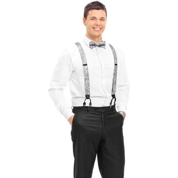 HISDERN Bow Tie and Suspenders for Men Floral Paisley Suspender Bowtie Set Adjustable Strong 6 Clips for Wedding Party