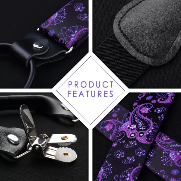 HISDERN Bow Tie and Suspenders for Men Floral Paisley Suspender Bowtie Set Adjustable Strong 6 Clips for Wedding Party