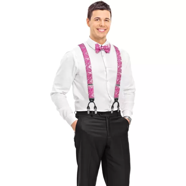 HISDERN Bow Tie and Suspenders for Men Floral Paisley Suspender Bowtie Set Adjustable Strong 6 Clips for Wedding Party