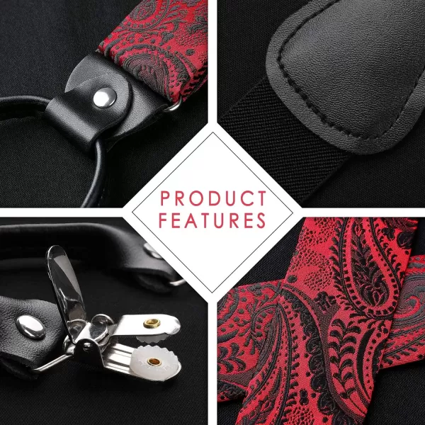 HISDERN Bow Tie and Suspenders for Men Floral Paisley Suspender Bowtie Set Adjustable Strong 6 Clips for Wedding Party