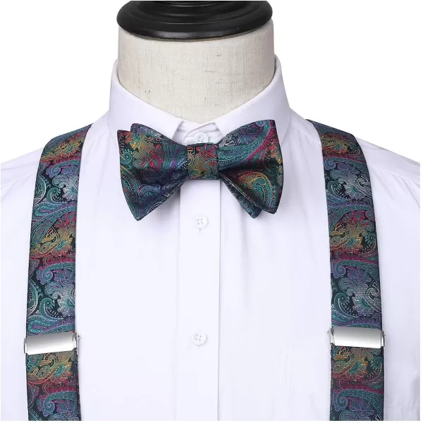 HISDERN Bow Tie and Suspenders for Men Floral Paisley Suspender Bowtie Set Adjustable Strong 6 Clips for Wedding Party