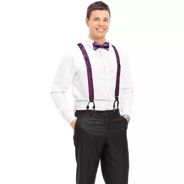 HISDERN Bow Tie and Suspenders for Men Floral Paisley Suspender Bowtie Set Adjustable Strong 6 Clips for Wedding Party