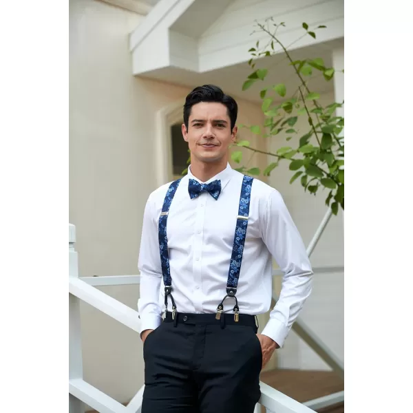 HISDERN Bow Tie and Suspenders for Men Floral Paisley Suspender Bowtie Set Adjustable Strong 6 Clips for Wedding Party