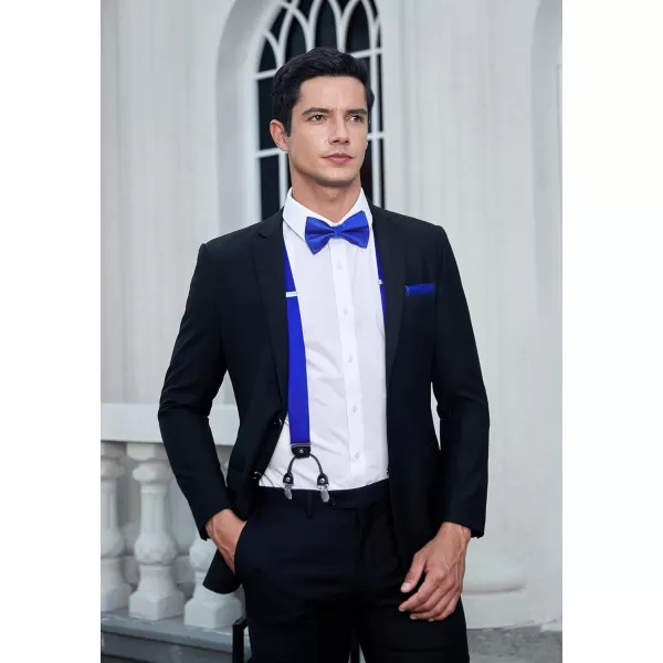HISDERN Bow Tie and Suspenders for Men Suspender and Bowtie Handkerchief Set Adjustable Y Shape 6 Clips Wedding Brace